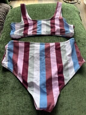 Striped Two-Piece High-Waist Bikini in Burgundy, Pink & Blue